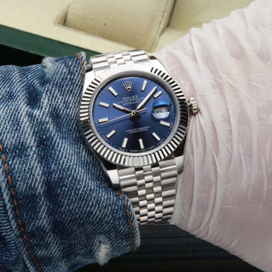 Rolex Datejust 41 Blue Index Stick Dial Fluted Bezel Stainless Steel Jubilee Bracelet