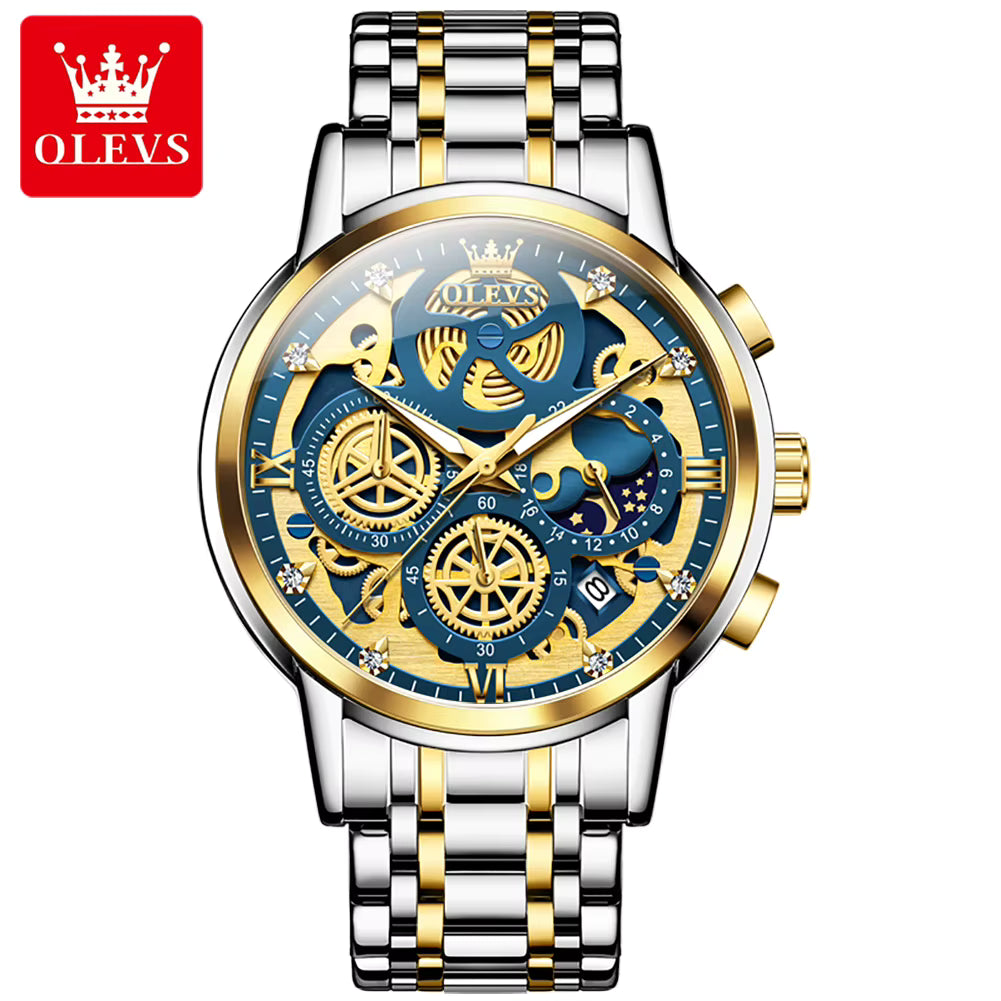 OLEVS 9947 Men Watch Hollowed Out Skeleton Stainless Steel Watch Business Moon Phase Design Luxury Quartz Watch for Man