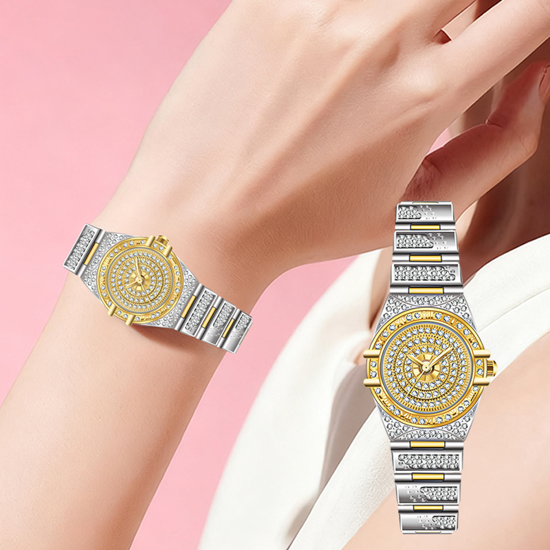 Women Luxury Bling-ed Out Gold Stainless Steel Quartz Analog Wrist Watch