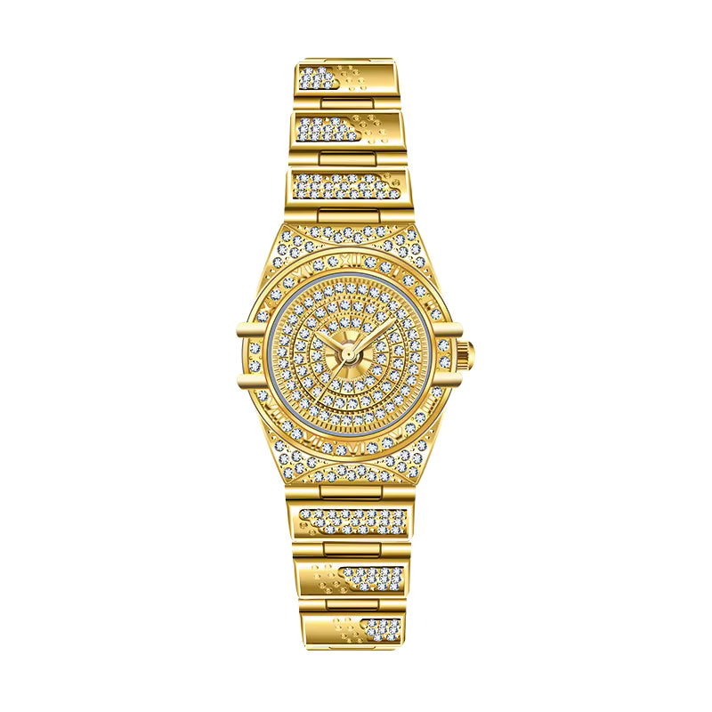 Women Luxury Bling-ed Out Gold Stainless Steel Quartz Analog Wrist Watch