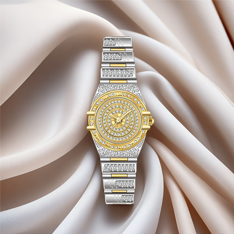 Women Luxury Bling-ed Out Gold Stainless Steel Quartz Analog Wrist Watch