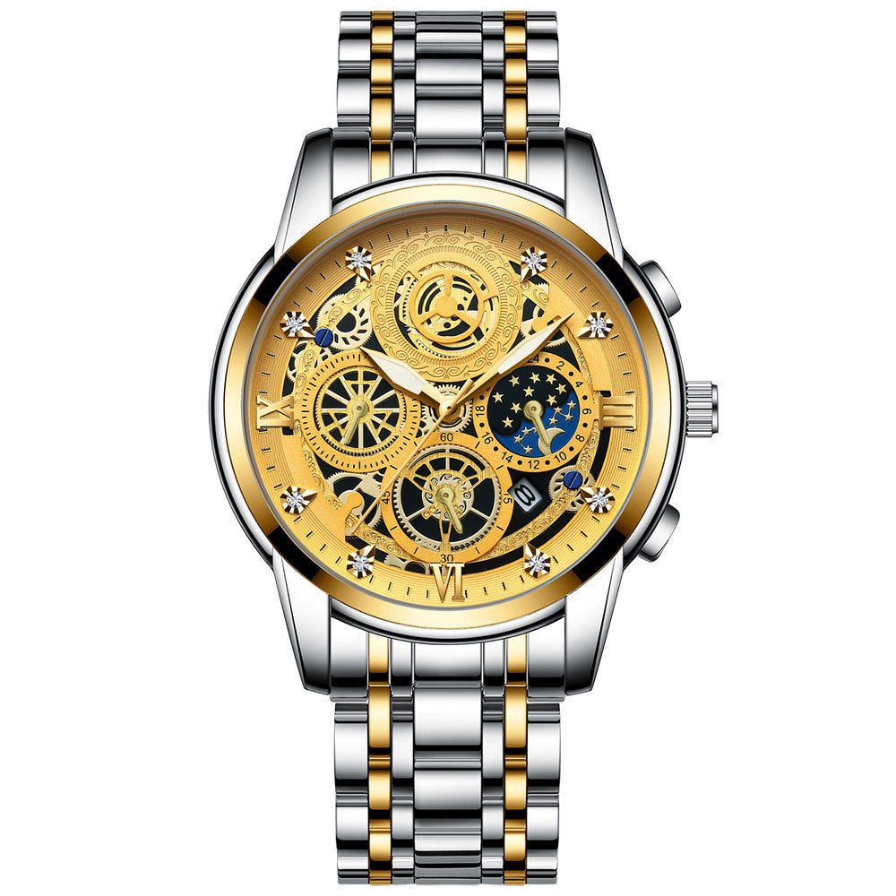 FNGEEN New Luxury Gold Multifunctional Three Eye Six Needle Moon Phase Timing Stopwatch Hollow Design Quartz Watch for Men