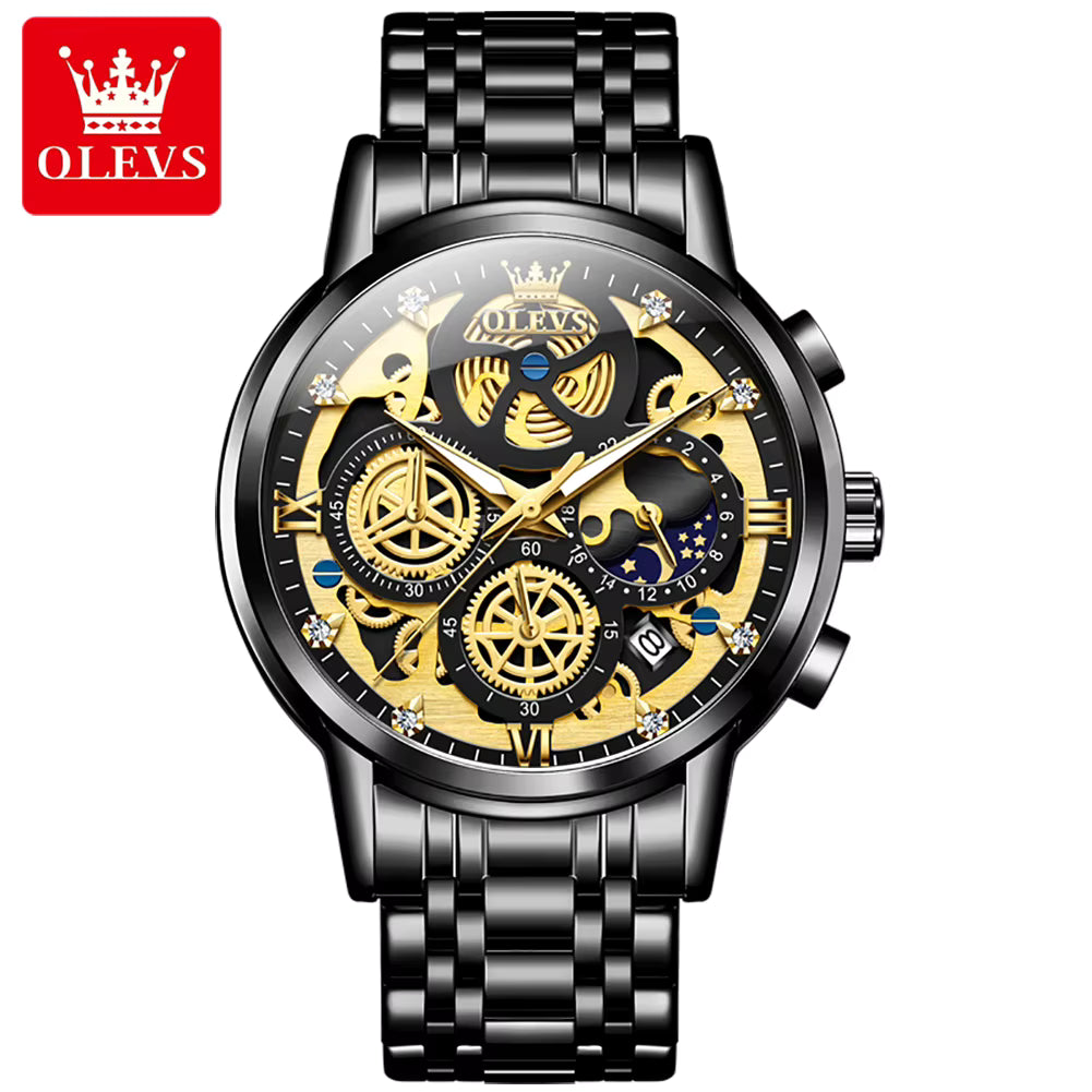 OLEVS 9947 Men Watch Hollowed Out Skeleton Stainless Steel Watch Business Moon Phase Design Luxury Quartz Watch for Man