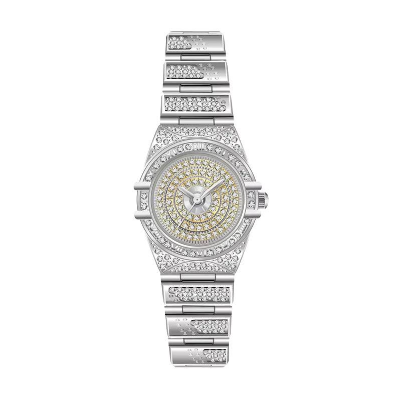 Women Luxury Bling-ed Out Gold Stainless Steel Quartz Analog Wrist Watch