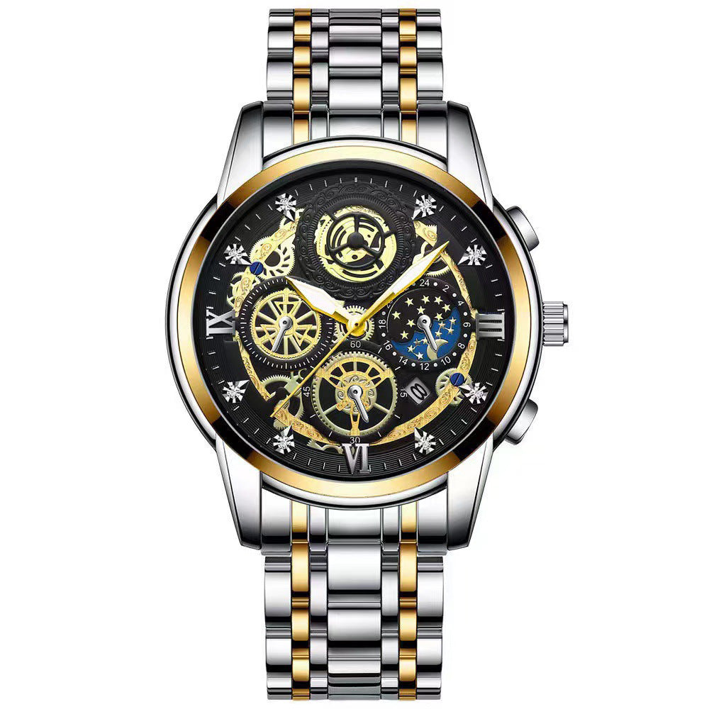 FNGEEN New Luxury Gold Multifunctional Three Eye Six Needle Moon Phase Timing Stopwatch Hollow Design Quartz Watch for Men