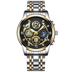 FNGEEN New Luxury Gold Multifunctional Three Eye Six Needle Moon Phase Timing Stopwatch Hollow Design Quartz Watch for Men