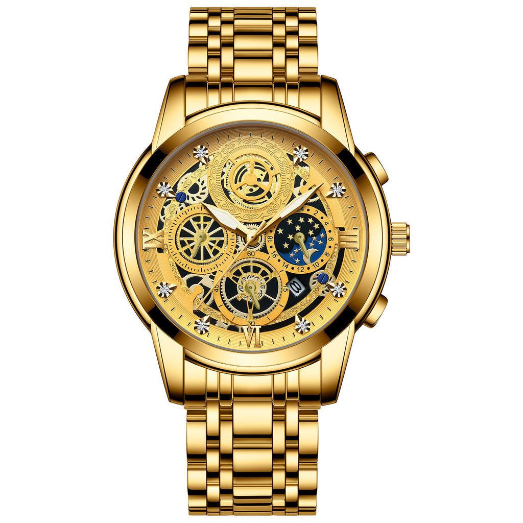 FNGEEN New Luxury Gold Multifunctional Three Eye Six Needle Moon Phase Timing Stopwatch Hollow Design Quartz Watch for Men