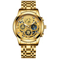 FNGEEN New Luxury Gold Multifunctional Three Eye Six Needle Moon Phase Timing Stopwatch Hollow Design Quartz Watch for Men