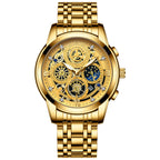 FNGEEN New Luxury Gold Multifunctional Three Eye Six Needle Moon Phase Timing Stopwatch Hollow Design Quartz Watch for Men