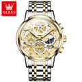 OLEVS 9947 Men Watch Hollowed Out Skeleton Stainless Steel Watch Business Moon Phase Design Luxury Quartz Watch for Man