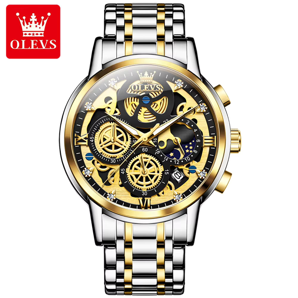 OLEVS 9947 Men Watch Hollowed Out Skeleton Stainless Steel Watch Business Moon Phase Design Luxury Quartz Watch for Man