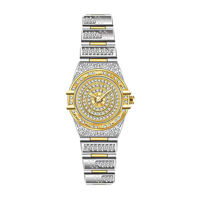 Women Luxury Bling-ed Out Gold Stainless Steel Quartz Analog Wrist Watch