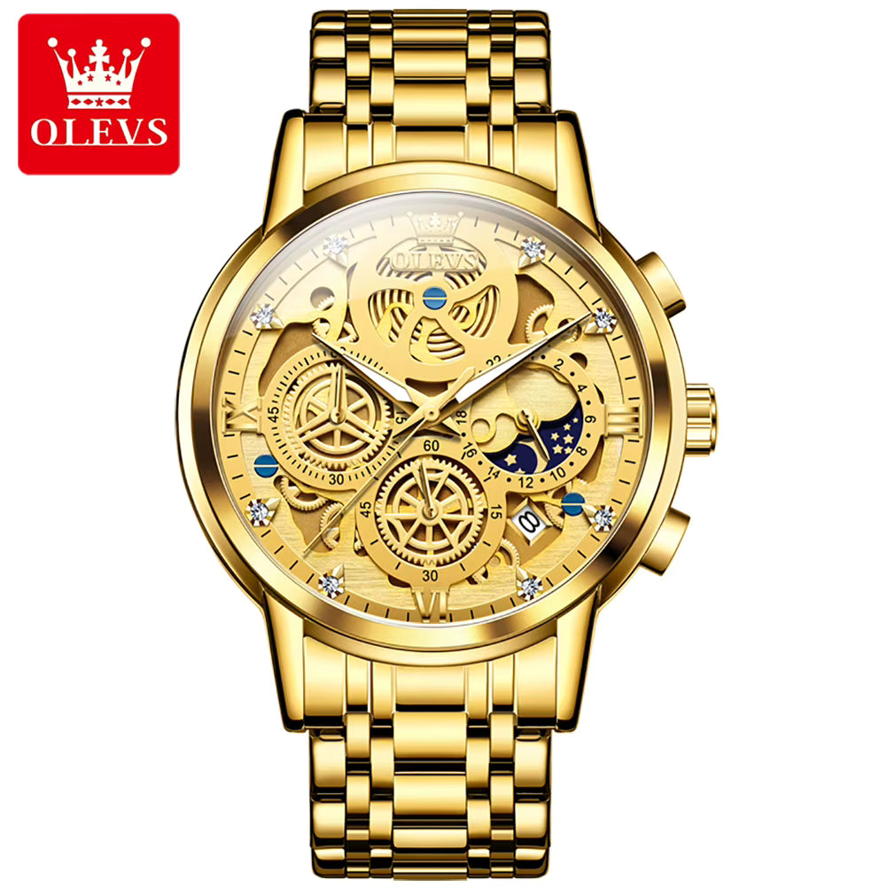 OLEVS 9947 Men Watch Hollowed Out Skeleton Stainless Steel Watch Business Moon Phase Design Luxury Quartz Watch for Man