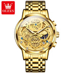 OLEVS 9947 Men Watch Hollowed Out Skeleton Stainless Steel Watch Business Moon Phase Design Luxury Quartz Watch for Man