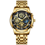FNGEEN New Luxury Gold Multifunctional Three Eye Six Needle Moon Phase Timing Stopwatch Hollow Design Quartz Watch for Men