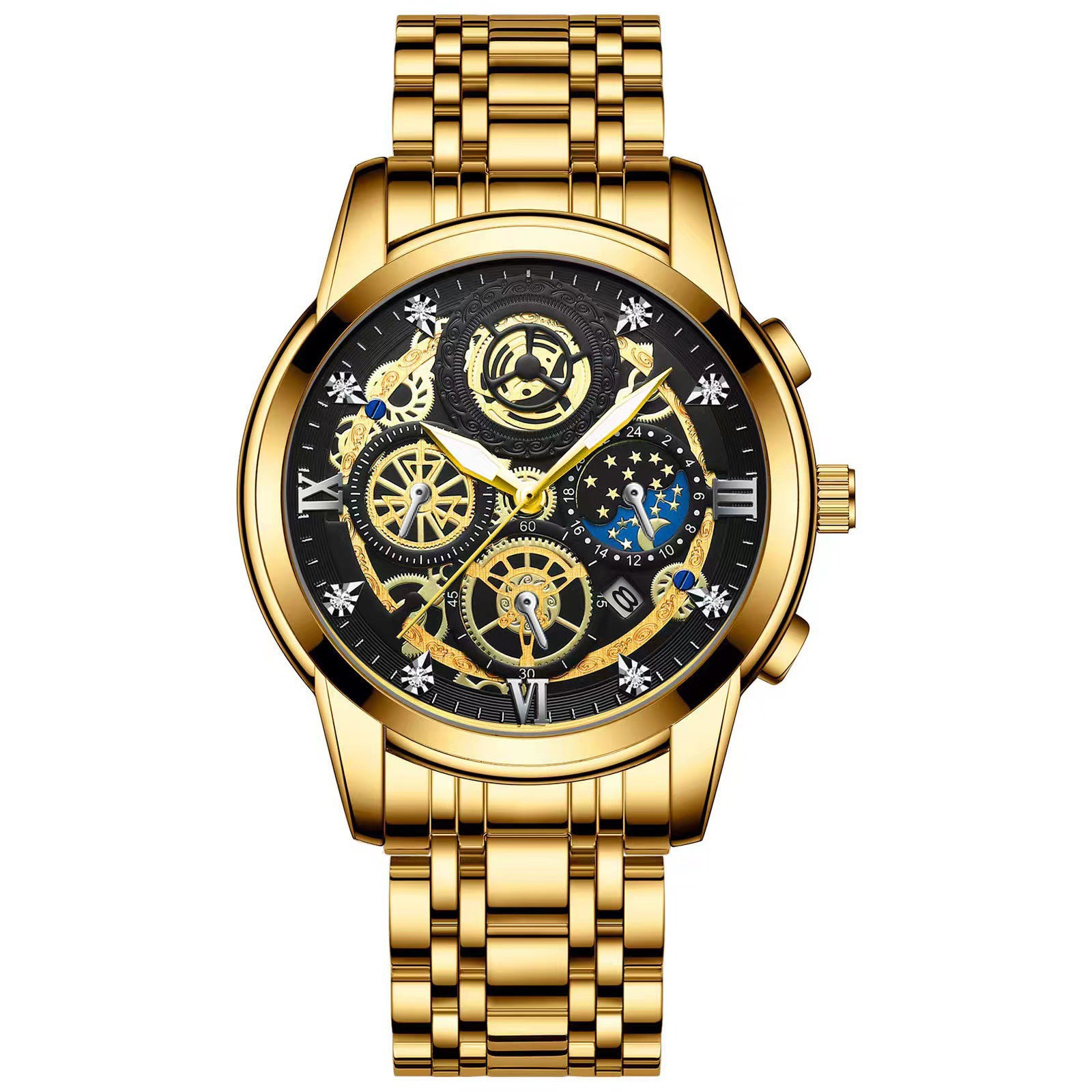 FNGEEN New Luxury Gold Multifunctional Three Eye Six Needle Moon Phase Timing Stopwatch Hollow Design Quartz Watch for Men
