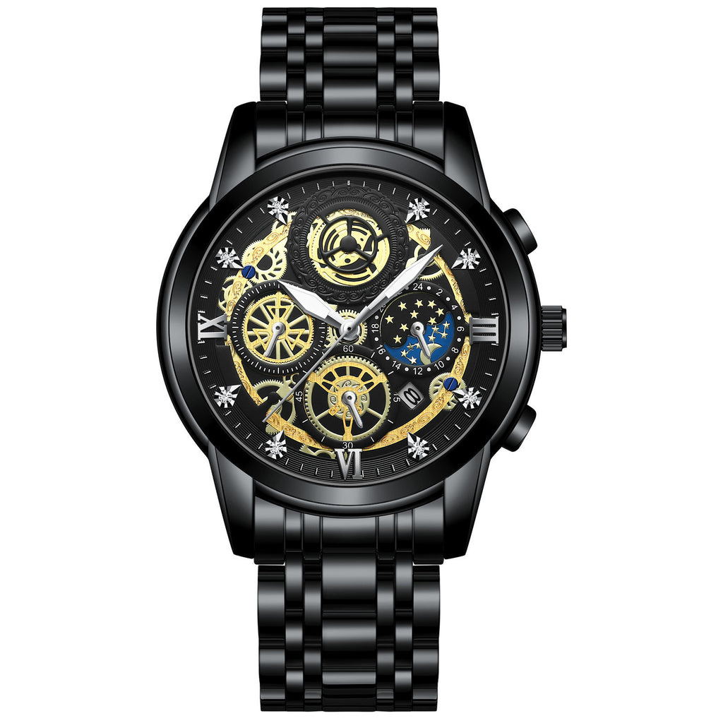 FNGEEN New Luxury Gold Multifunctional Three Eye Six Needle Moon Phase Timing Stopwatch Hollow Design Quartz Watch for Men
