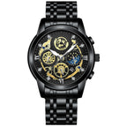 FNGEEN New Luxury Gold Multifunctional Three Eye Six Needle Moon Phase Timing Stopwatch Hollow Design Quartz Watch for Men