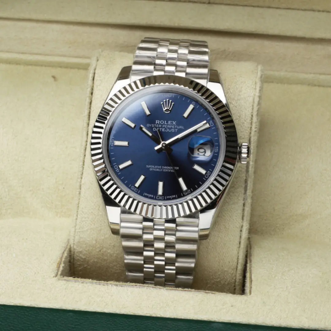 Rolex Datejust 41 Blue Index Stick Dial Fluted Bezel Stainless Steel Jubilee Bracelet